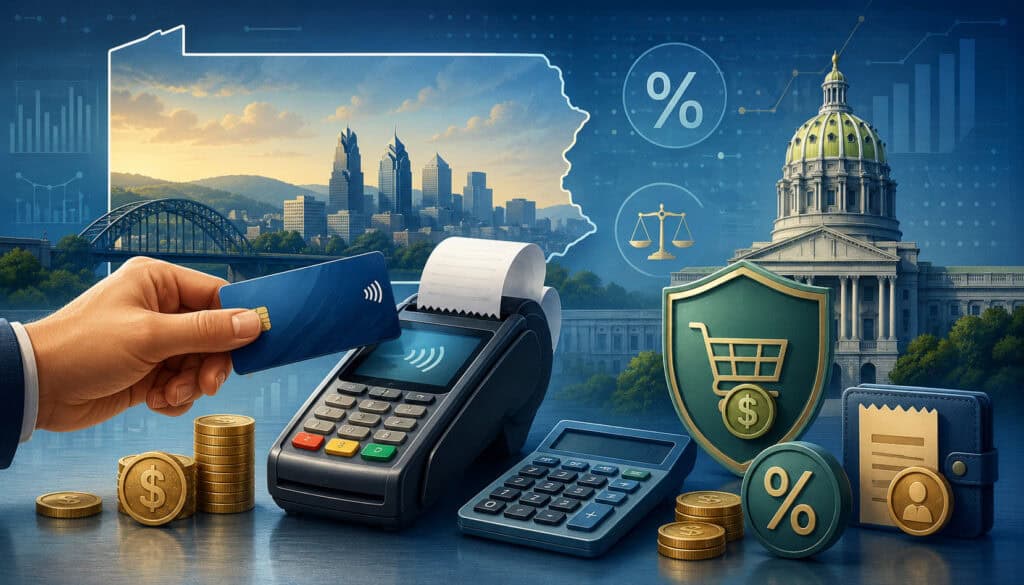 Credit card surcharge and sales tax concept in Pennsylvania with payment terminal, calculator, receipt, and tax icons
