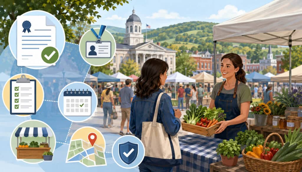 Central Pennsylvania farmers market vendor with permit and compliance icons