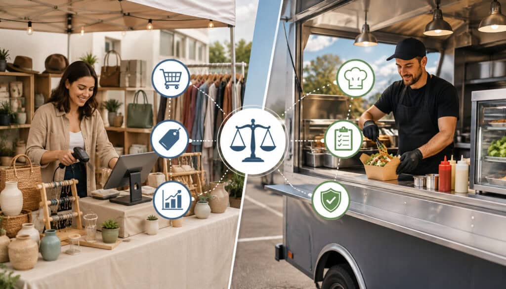 Craft vendor booth and food vendor truck with compliance icons
