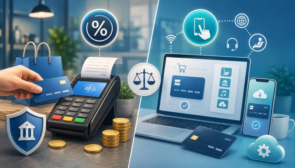 Credit card surcharge and convenience fee comparison with POS terminal and online payment icons