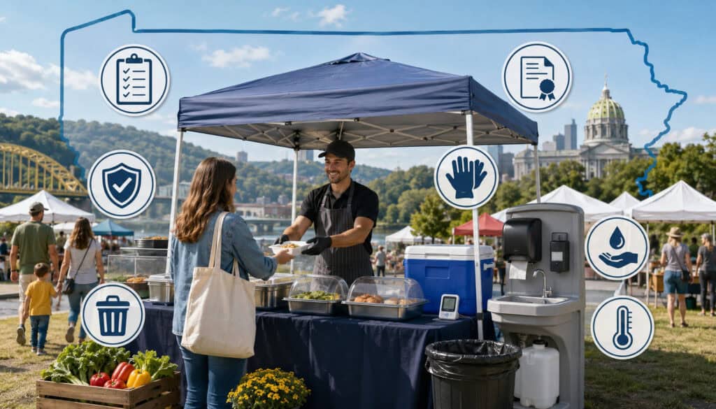 Pennsylvania temporary food vendor booth with handwashing station, cooler, covered food, and safety icons