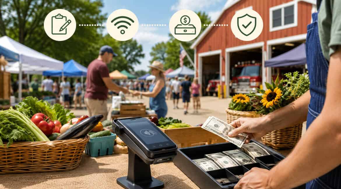 Farmers market vendor accepting card and cash payments at a Central Pennsylvania community event